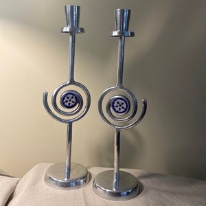 Aluminum/Blue-Cream ceramic candle holders